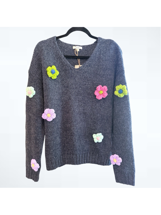 easel Sweaters - Easel 3D Flower Appliqués Chunky Sweater in Charcoal Grey Size S